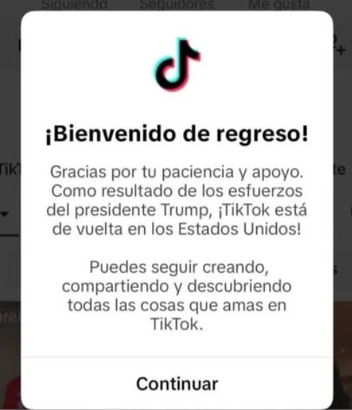 Mensaje de Bienvenida de TikTok a sus usuarios de Estados Unidos.