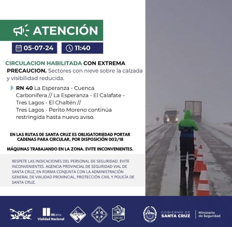 Comunicado de habilitación de la Ruta 40.