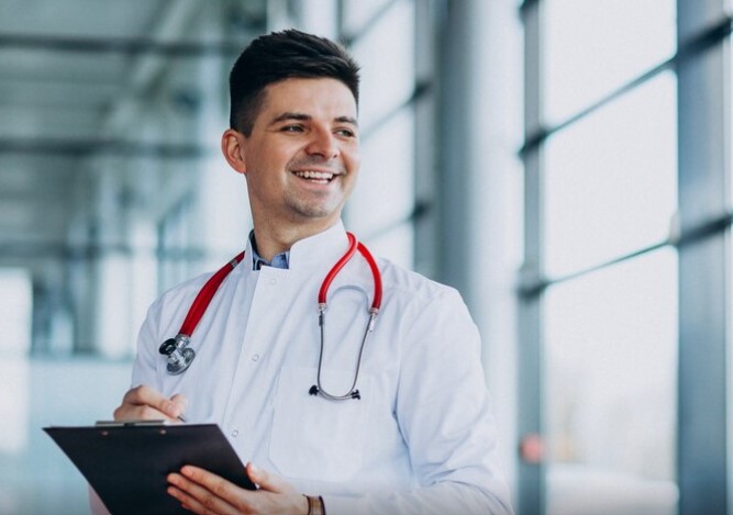 Un médico agarrando su anotador, sonriendo