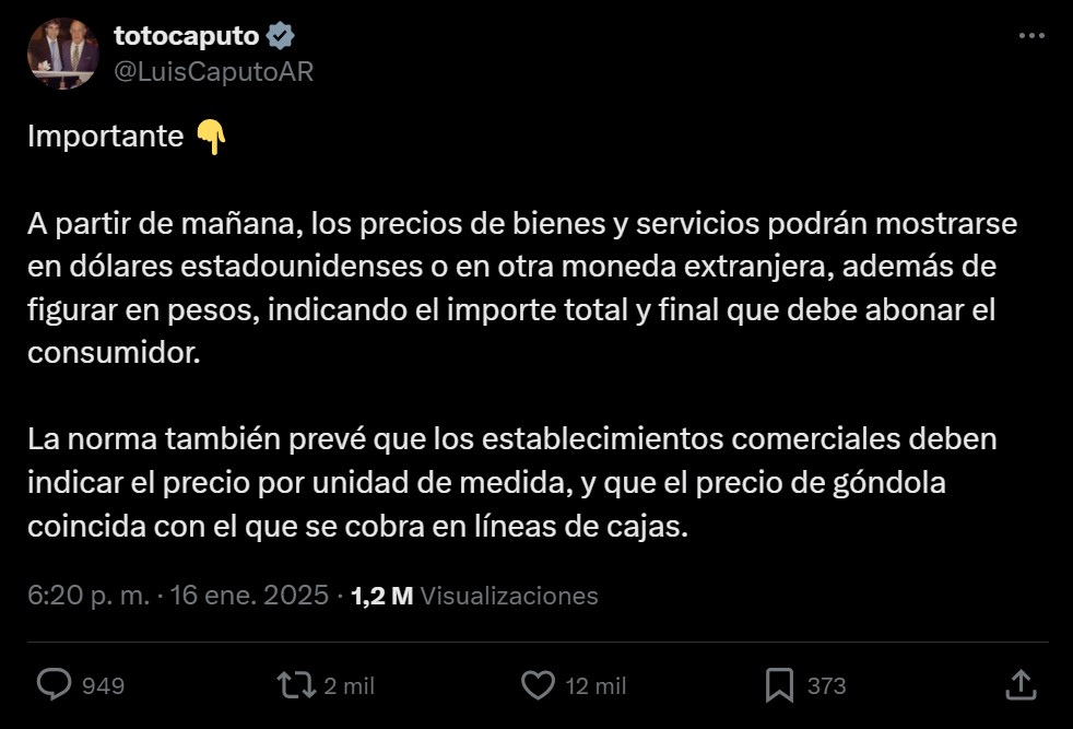 Tweet de Luis Caputo, ministro de Economía.